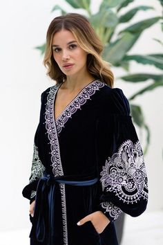 Embroidered navy blue velvet dress ukrainian folk ethnic vyshyvanka. All sizes 647297982895 | eBay Dress With Wide Belt, Navy Blue Velvet Dress, Embroidery Unique, Paisley Kimono, Plus Size Bohemian, Moroccan Clothing, Queen Style, Ukrainian Dress, Cardigan Kimono