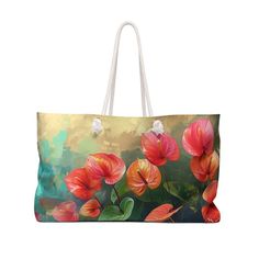 Stylish Weekender Tote Bag With Anthurium Flower Designer Tote Bag Personalized Modern T-bottom Shoulder Bag by Agnes Pembroke - Etsy Tropical Rectangular Bags For Daily Use, Tropical Style Tote Bag For Daily Use, Tropical Multicolor Bags For Daily Use, Green Tropical Bags For Daily Use, Tropical Multicolor Tote Bag, Green Tropical Bags, Red Floral Print Tote Bag, Red Floral Print Bags For Daily Use, Red Floral Print Rectangular Bag