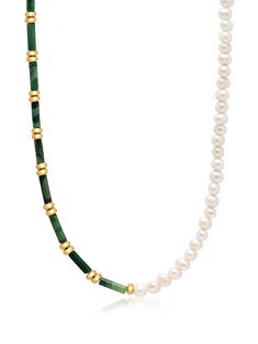 Natural Green Jade Tube Beads Cultured Freshwater Pearls Lock and Logo Balls in Stainless Steel with Gold Plating Length: 19 Inches / 48.26 cm Product Code: WNECK_250 Designer's NotesHandcrafted in our LA studio from genuine green Jade and cultured freshwater pearls , this necklace is the perfect statement piece. This piece can be worn solo or with other gold necklaces in a festive stack. Please note that all our pieces are crafted by hand and one-of-a-kind, and may therefore vary slightly in si Beaded Pearl Necklace, Pearl Clasp, Designer Handmade Jewellery, Jewelry Beaded, Gold Necklaces, Bead Chain, Freshwater Cultured Pearls, Jade Beads, Green Necklace