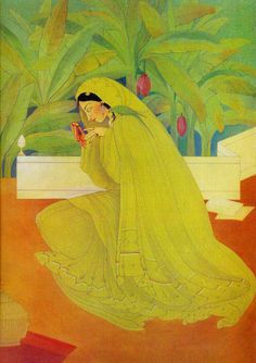 a painting of a woman in a yellow dress sitting on a ledge and holding a bird