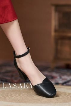 Lasaky - Black Low-Heeled Slip-on Sandals for Women with Buckle Closure - Small Size Elegant Closed Toe Adjustable Sandals, Elegant Adjustable Closed Toe Sandals, Black Adjustable Low Heel Sandals, Adjustable Black Low Heel Sandals, Shoes Dressing, Rough Heels, Dressing Style, Square Head, Pu Heels