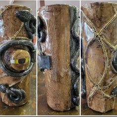 three different views of a vase made out of wood and plastic wrapped in chains, with an eyeball inside