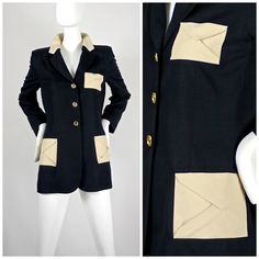 Features: - 100% Authentic MOSCHINO CHEAP and CHIC. - Black blazer with 3 envelope applique pockets in beige colour. - Envelope pockets are functional, you can open the flaps. - Collar is in off white colour. - Gold tone button closures with Cheap & Chic logo. - Label reads: CHEAP and CHIC by MOSCHINO Made in Italy. - Size Tag: I44, D40, F40, GB12, USA 10. - Fabric Content: 100% Rayon. - Fully lined. - Slightly padded shoulders. - Thread pull on one pocket (last photo). - Good vintage condition. Moschino Jacket, Off White Colour, Vintage Moschino, Chic Logo, Moschino Cheap And Chic, Pocket Jacket, Off White Color, Black Blazer, Beige Color