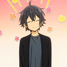 an anime character with black hair standing in front of pink and yellow clouds behind him