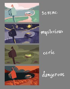 four different types of posters with the words scene, mysterious, eerie and dangerous