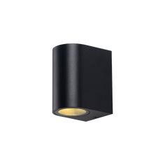 an outdoor wall light with a black surface and yellow light on the bottom half of it