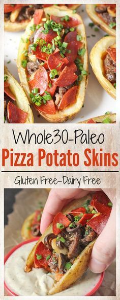 an advertisement for whole 30 - paleo pizza potato skins