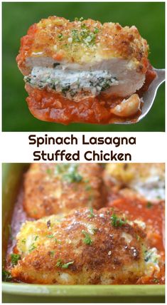 spinach lasagna stuffed chicken in a green casserole dish with tomato sauce and parmesan cheese