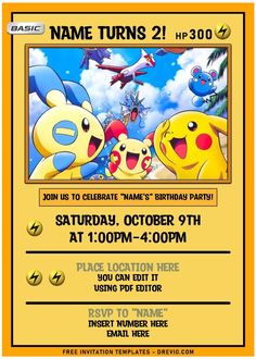 a pokemon birthday party flyer with pikachu and other characters on the front, in yellow