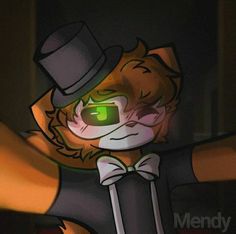 a cartoon character with green eyes and a top hat