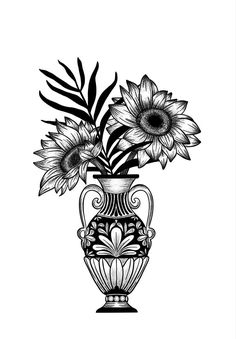 a black and white drawing of a vase with sunflowers in it on a white background