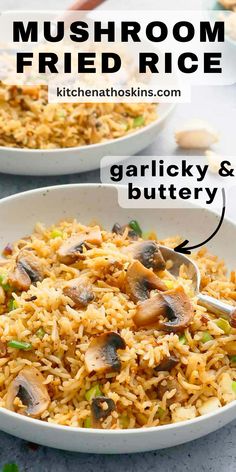 two white bowls filled with mushroom fried rice