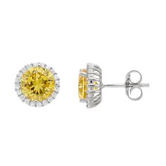 "Light up your look with the classic design and shimmering beauty of these yellow and white cubic zirconia halo stud earrings. Light up your look with the classic design and shimmering beauty of these yellow and white cubic zirconia halo stud earrings.  Length: 0.40\" Backings: post Metal: sterling silver Plating: rhodium Finish: polished Packaging: boxed Additional details: nickel freeSTONE DETAILS Stone type: cubic zirconia Center stone size: 8 mm Shape: round Setting: prong Size: One Size. Ge Elegant Yellow Diamond Earrings With Halo Design, Formal Yellow Diamond Earrings With Halo Design, Brilliant Cut Yellow Cubic Zirconia Earrings, Yellow Brilliant Cut Cubic Zirconia Earrings, Elegant Yellow Earrings With Halo Design, Formal Yellow Earrings With Halo Setting, Yellow Round Cubic Zirconia Earrings, Yellow Diamond Earrings For Anniversary, Classic Yellow Earrings With Brilliant Cut