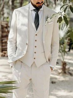 Men's Wedding Linen Suits 2 Piece Solid Colored Summer Suits Tailored Fit Single Breasted Two-buttons 2023 Beige 2023 - US $79.99 Beige Mens Suit, Linen Groom, Men Linen Suits, Mens Suit For Wedding, Men Linen Suit, Linen Wedding Suit, Linen Suits For Men, Suits Ideas, Wedding Fits