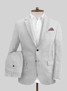 If you're all about switching up your style every day, you absolutely need to check out our Gray Seersucker Suit. Crafted from pure cotton with breathable seersucker fabric, it ensures you stay as cool as a cucumber even when the weather cranks up the heat. Flaunting stylish vertical stripes in shades of gray and white, this suit guarantees that your day is nothing short of fabulous. Whether it's a wedding, the office, a beach bash, or a casual hangout, this suit expects to turn heads and ensure Casual Tailored White Suits, Casual White Tailored Suit, Casual White Suits, Striped Linen Blazer For Spring, White Cotton Summer Suit, Spring Striped Linen Blazer, Summer Cotton Suits With Welt Pockets, White Cotton Suit For Work, White Cotton Suit For Spring