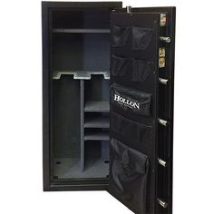 an open storage cabinet with many items in it and the door opened to reveal its contents