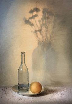 a painting of a bottle and an orange on a plate