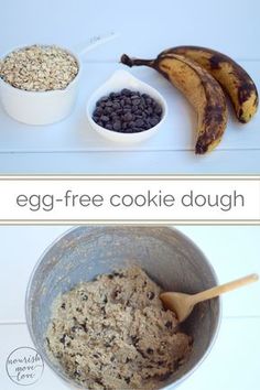 an egg - free cookie dough is in a bowl next to two bananas and chocolate chips