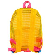 a yellow backpack with pink straps on the front and back side, against a white background