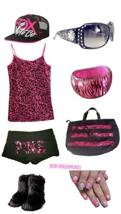 a woman's clothing and accessories are arranged in the shape of an animal print