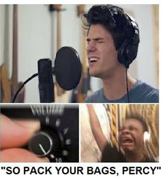 a man wearing headphones and singing into a microphone with the caption so pack your bags, percy