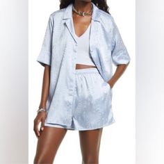 Open Edit - Nordstrom Woman’s 1x Two (2) Piece Set : Top & Shorts Button Up Collared Shirt Shorts W/ Pockets Lounge Travel Brunch Pajamas Cut Comfy Sexy Play Matching Designer Blouse And Shorts, Satin Button Up, Lounge Looks, Petite Blouses, Nordstrom Women, Blouse Nordstrom, Long Sleeve Blouse Pattern, One Clothing, Light Blue Sweater