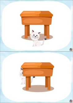 a cat sitting under a wooden table in the middle of two different pictures, one is white and the other is brown