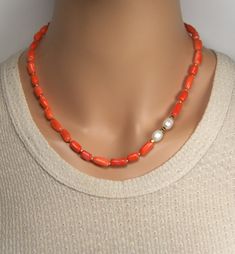 This Choker is made of 7 - 10 mm salmon coral beads and adorn freshwater pearl. A length is 17''- 20'' (42.5cm - 50cm).  Your jewelry is ready to ship. Thank you for visiting my shop. Bamboo Coral, Making Necklaces, Coral Necklace, How To Make Necklaces, Coral Beads, Pearl Choker, December Birthstone, Jewelry Crafts, Jewelry Ideas