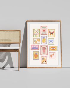 a chair next to a framed art print