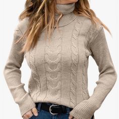 New Women’s Soft Jumper Knit Turtleneck Sweater Features An Oversized Neckline, Cable Knit Detail On Front With A Solid Back, Ribbed Cuffs And Hem And Extra Long Sleeves For An Additional Layer Of Comfort. Length 25” And Bust 36” (Approximate) 51% Viscose, 26% Polyester, 21% Nylon Size Small Color Beige New Without Tags, Never Worn. Casual Beige Turtleneck For Fall, Beige Soft Knit Turtleneck For Fall, Fall Beige Soft Knit Turtleneck, Beige Soft Knit Turtleneck, Casual Beige Knit Turtleneck, Beige Turtleneck For Winter Layering, Beige Winter Turtleneck For Layering, Beige High Neck Sweater For Fall, Casual Cream Knit Turtleneck