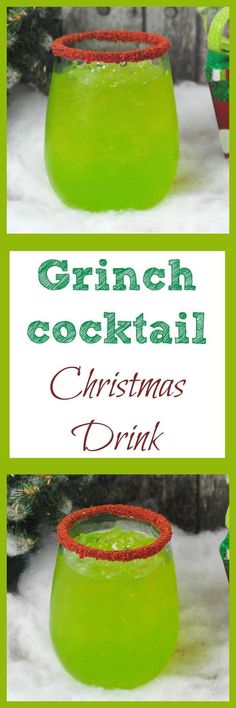 a green drink with christmas decorations in it and the words griny cocktail on top