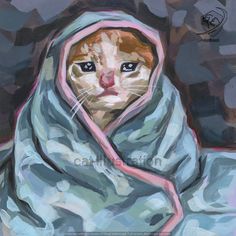 a painting of a cat wrapped in a blanket