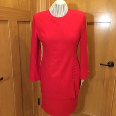 Dani Max Red Sheath Dress Has Long Sleeves, A Jewel Neckline And Is Knee-Length. Career Ready. Nwt 12 Split Dress Thigh, Max Dresses, Red Sheath Dress, Max Dress, Embroidered Tunic Dress, Linen Dress Women, Ruffle Midi Dress, Blue Striped Dress, Maxi Dress Navy