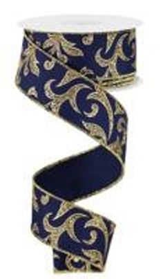 a roll of blue and gold ribbon with an ornate design on it's side