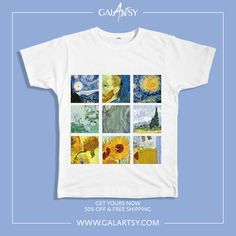 50% OFF  9 of the best van gogh's paintings in one tshirt ! Starry night , sunflowers , irries & more  .. Get yours now Artsy Short Sleeve T-shirt With Artwork, White T-shirt With Artwork For Summer, Artsy Artwork T-shirt For Summer, Artsy Summer T-shirt With Artwork, Artsy White T-shirt With Artwork, Summer Graphic Tee With Artwork, Graphic Tee With Artwork For Summer, Artsy White Summer Art, Casual Summer T-shirt With Artwork