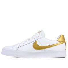 Nike Gold Casual Sneakers, Nike Casual Gold Sneakers, Casual Gold Nike Sneakers, Nike Court Legacy Shoes, White And Gold Sneakers, White And Gold Shoes, Nike Court Royale, Nike Court Legacy, All Nike Shoes