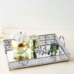 Fleur De Lis Silver Metal Decorative Vanity Serving Tray with handles, Rectangle Mirrored Tray Mirrored Serving Tray, Vanity Trays, Silver Vanity, Mirrored Vanity, Mirrored Tray, Glass Charger Plates, Mirror Vanity Tray, Serving Tray Decor, Perfume Tray