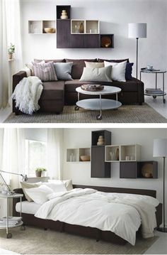 two pictures of a living room with white and brown furniture