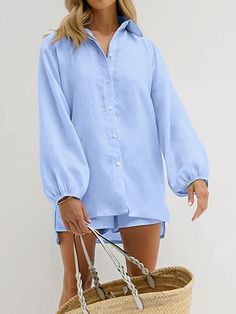 Women's 100% Cotton 2Piece Set Long Sleeve V-Neck Shirt Top and Pleated Short Pant Loose Long Sleeve Shirt, Pocket Craft, Female Sleeve, Short Pant, Loose Long Sleeve, Sleepwear Sets, Pleated Shorts, Office Casual, Long Shorts