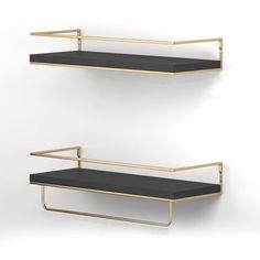 two black and gold shelves against a white wall