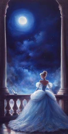 a painting of a woman in a blue dress sitting on a balcony looking at the moon