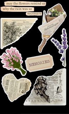 some stickers that are on top of a book and paper with flowers in them