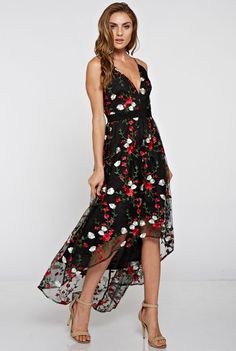 Women's Pretty 'Coming Up Roses' Black Floral Hi Lo Midi Cocktail Dress – Social Butterfly Couture Floral Embroidered Cocktail Dress, Butterfly Couture, Unique Cocktail Dress, Boho Cocktail Dress, Fall Cocktail Dress, Posh Clothing, Red Rose Dress, Roses Black, Floral Prom Dresses