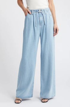 FRAME Super Drape Wide Leg Denim Drawstring Pants | Nordstrom Relaxed Wide Leg Medium Wash Jeans, Relaxed Fit Wide Leg Jeans With Drawstring, Mid-rise Jeans With Drawstring For Spring, Spring Mid-rise Jeans With Drawstring, Light Wash Wide Leg Pull-on Bottoms, Wide-leg Denim Jeans With Drawstring, High Rise Relaxed Fit Bottoms With Drawstring, Wide Leg Denim Jeans With Drawstring, High Rise Bottoms With Drawstring And Relaxed Fit