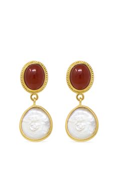 The 'Roma' collection explores the mastery of Roman jewelry craftsmanship through a contemporary point of view. These lightweight earrings are handmade from 18-karat gold-plated silver featuring red carnelian stones and keshi pearls. Understated and elegant, wear yours day or night. MATERIAL Carnelian gemstones & Akoya Pearls 18k yellow gold plated silver (1 Micron thickness). An additional layer of palladium plating is applied to protect gold from natural oxidation of silver DIMENSIONS 10mm Luxury Elegant Carnelian Jewelry, Luxury Classic Carnelian Jewelry, Elegant Wear, Roman Jewelry, Red Carnelian, Cameo Jewelry, Carnelian Stone, Italian Jewelry, Keshi Pearls