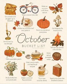 a poster with the words october and other things to do in autumn, including pumpkins