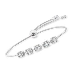 Ross-Simons - 1.00 ct. t. w. Diamond Cluster Bolo Bracelet in 18kt White Gold. Here's a sought-after style with timeless diamond sparkle and fashion-forward appeal! Our stylish bolo bracelet gleams in polished 18kt white gold with a scintillating lineup of 1.00 ct. t. w. baguette and round diamond cluster-style stations that give the illusion of 2.00 ct. t. w. diamonds. Adjusts to fit up to 8" wrist. Diamond bolo bracelet. Diamond birthstones are the perfect gift for April birthdays. Adjustable Pave Setting Bracelet For Anniversary, Adjustable Pave Setting Bracelets For Anniversary, Anniversary Bracelets With Baguette Diamonds And Cubic Zirconia, Adjustable White Gold Bracelets With Pave Setting, Cubic Zirconia Bracelets With Baguette Diamonds For Anniversary, Adjustable Pave Setting Diamond Bracelet, Adjustable Brilliant Cut Diamond Bracelet In White Gold, Adjustable Diamond Bracelet For Anniversary, Adjustable Diamond Tennis Bracelet For Anniversary