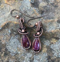 Wire Wrapped Copper Earrings with Purple Spiny Oyster with a touch of orange on Niobium Ear Wires. Artisan Teardrop Hypoallergenic Earrings, Copper Wire Wrapped Teardrop Earrings As Gift, Artisan Hypoallergenic Teardrop Earrings, Nickel-free Rust Drop Earrings, Unique Rust-colored Earrings With Ear Wire, Unique Rust Earrings With Ear Wire, Artisan Rust-colored Earrings As Gift, Rust Teardrop Handmade Jewelry, Nickel Free Copper Wire Earrings As A Gift