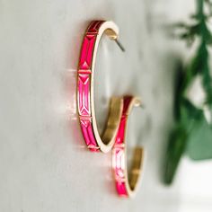 Enamel hoop earrings So fun! Pink Enamel Hoop Earrings, Trendy Round Enamel Hoop Earrings, Pink Enamel Hoop Jewelry, Small Hoop Enamel Earrings, Nickel-free Enamel Hoop Earrings, Stacked Earrings, Pink Enamel, Rose Earrings, Rose Gold Necklace