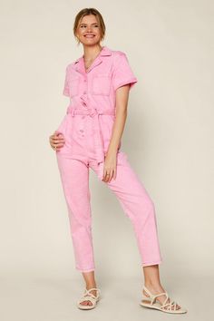 Jump for joy in this darling pink utility jumpsuit! Pink Mineral Washed Utility Jumpsuit. 97% Cotton 3% Spandex 6 Pockets, Pleated Detail, & Cuffed Short Sleeves Button Closure Waist Tie Pink Utility Jumpsuit, Chef Woman, Woman Photos, Jumpsuit Pink, Jump For Joy, Utility Jumpsuit, Jumpsuit With Pockets, Utilitarian Style, Pink Denim